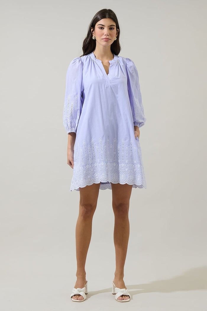 Karlee Eyelet Victoria Shift Split Neck Mini Dress