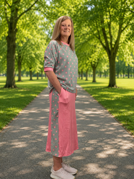 Light Sage & Pink Polka Dot Skirt Set