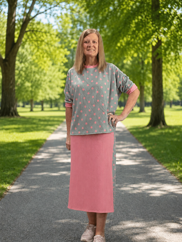 Light Sage & Pink Polka Dot Skirt Set