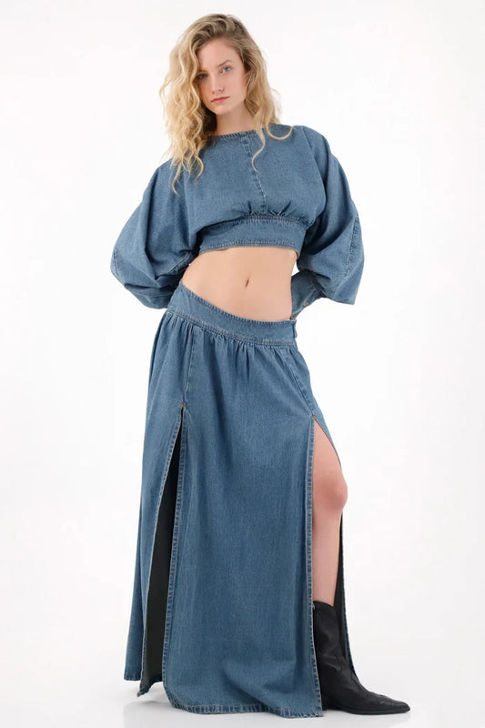 Long denim skirt with slits blue for women