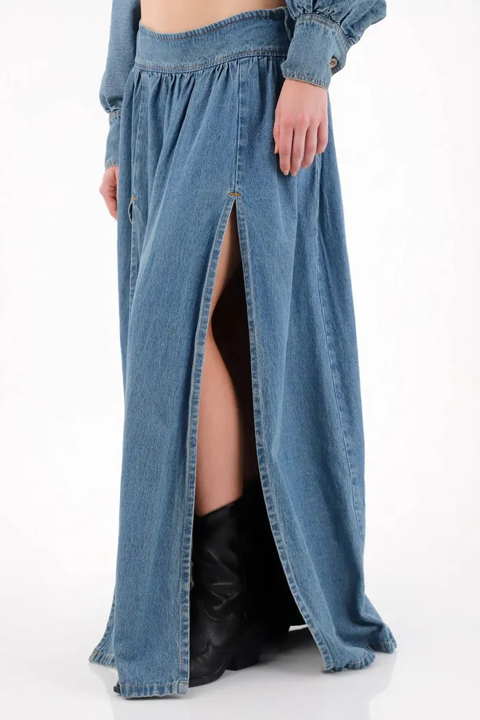 Long denim skirt with slits blue for women