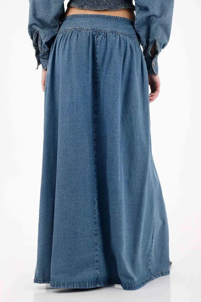 Long denim skirt with slits blue for women