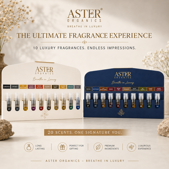 Luxury perfume trial pack with 20 x 5ml bottles, white and blue packaging.
