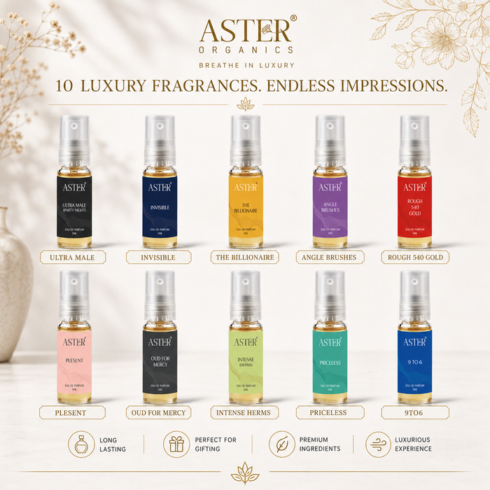 Luxury perfume trial pack with 20 x 5ml bottles, white and blue packaging.