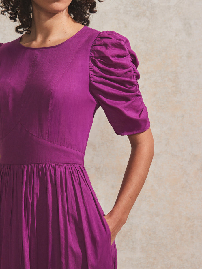 Magenta Gathered-Sleeve Cotton Voile Midi Dress