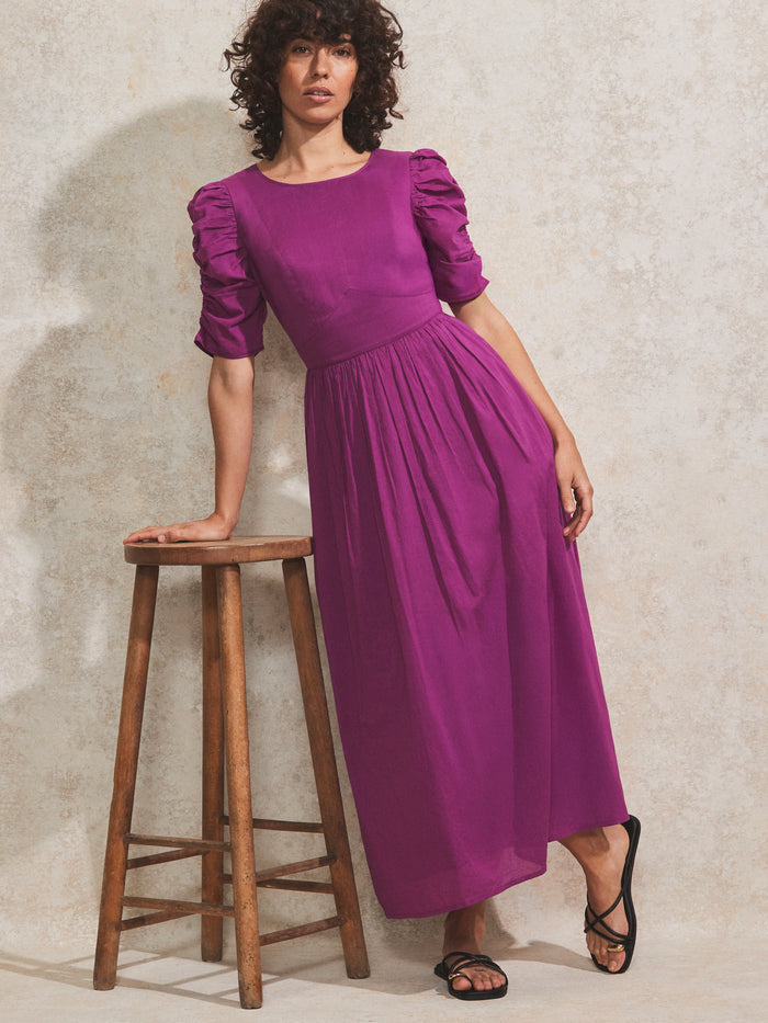 Magenta Gathered-Sleeve Cotton Voile Midi Dress