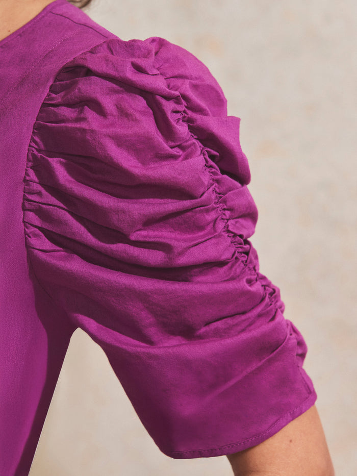 Magenta Gathered-Sleeve Cotton Voile Midi Dress