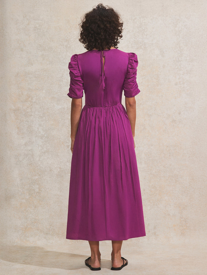 Magenta Gathered-Sleeve Cotton Voile Midi Dress