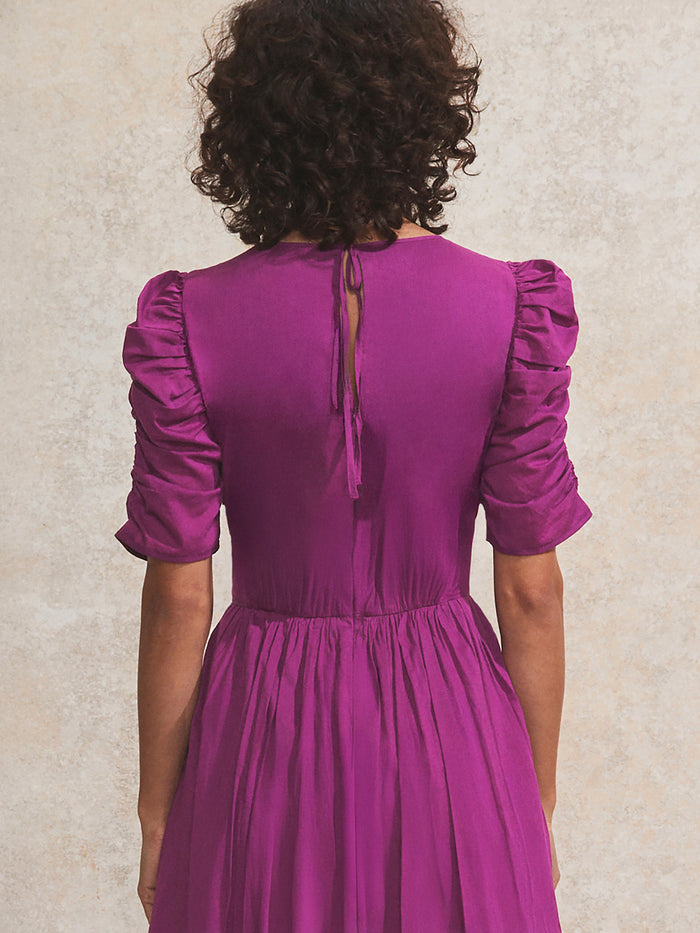 Magenta Gathered-Sleeve Cotton Voile Midi Dress
