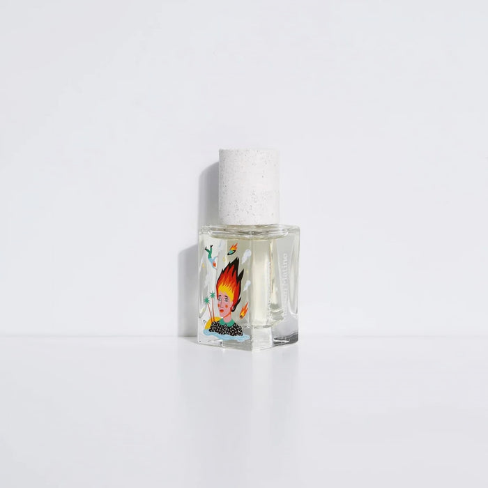 Clear glass bottle with a label featuring a colorful design on a white background