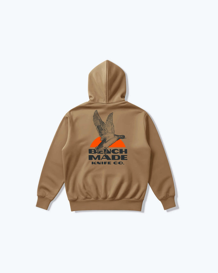 Sandstone Mallard Pullover Hoodie - Back View with Flying Duck Graphic | Benchmade Knife Co.