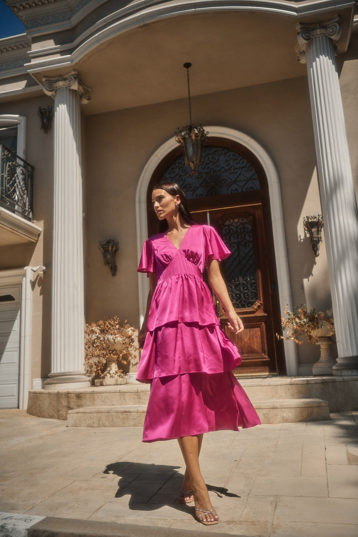 Mendice Satin Tiered Midi Dress