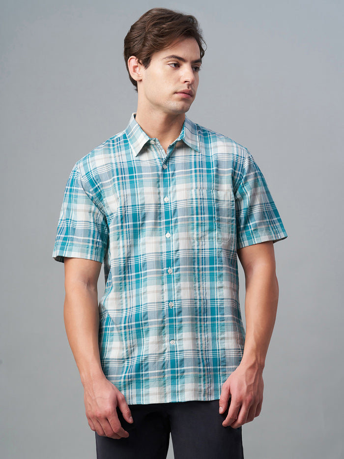Men's 100% Cotton Regular Fit Check Short Sleeve Shirt Green