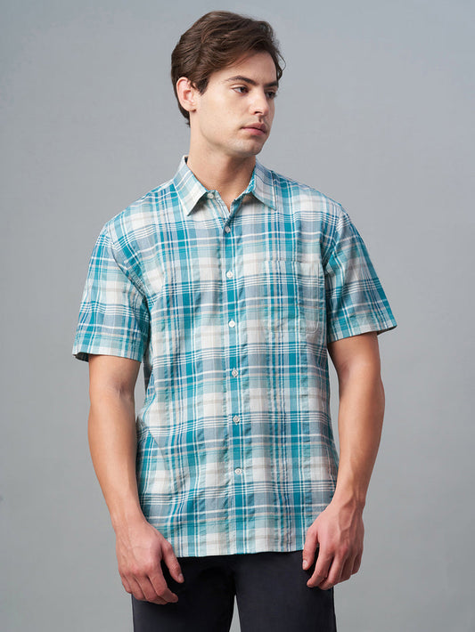 Men's 100% Cotton Regular Fit Check Short Sleeve Shirt Green