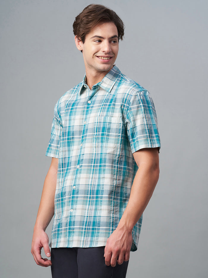 Men's 100% Cotton Regular Fit Check Short Sleeve Shirt Green