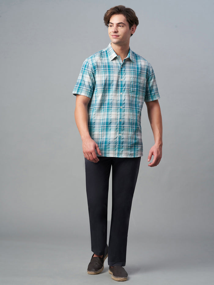 Men's 100% Cotton Regular Fit Check Short Sleeve Shirt Green