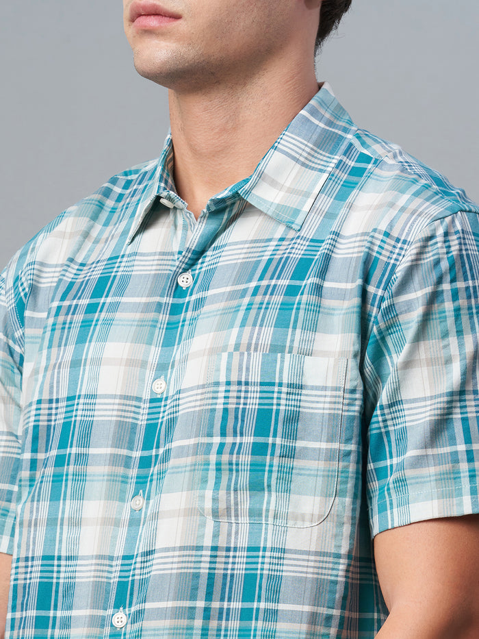 Men's 100% Cotton Regular Fit Check Short Sleeve Shirt Green