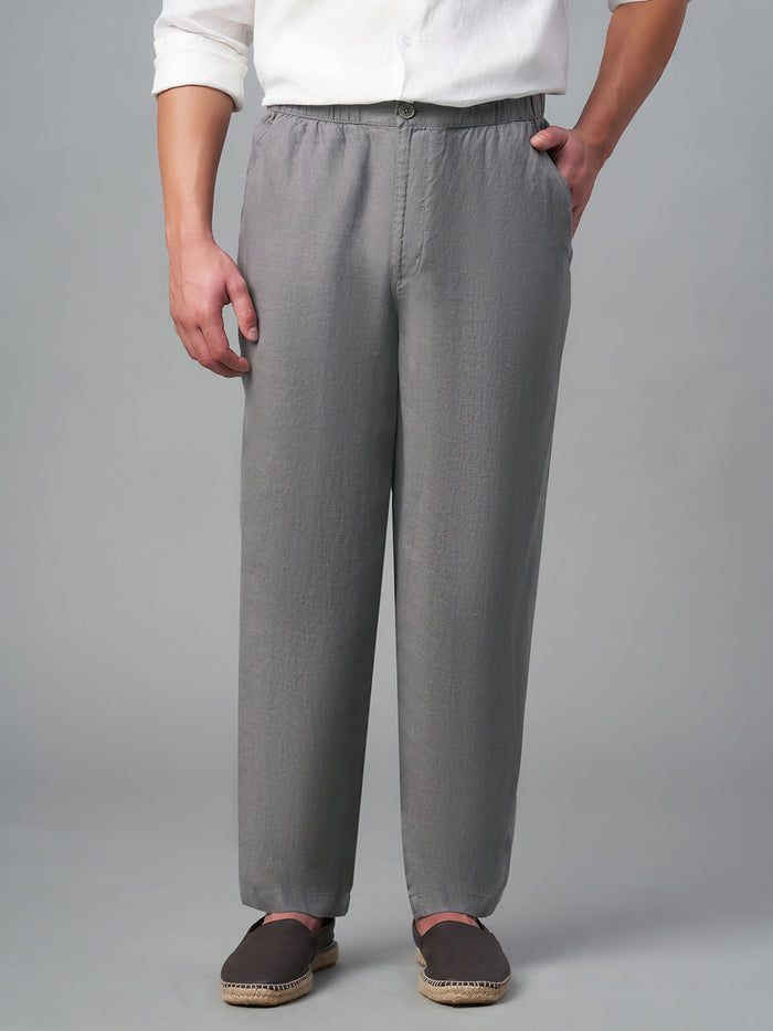 Men's 100% Linen Drawstring Regular Fit Pants Grey