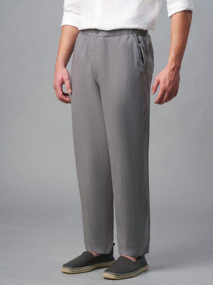 Men's 100% Linen Drawstring Regular Fit Pants Grey