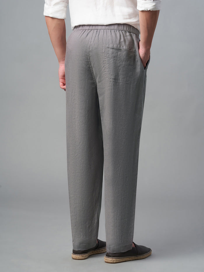 Men's 100% Linen Drawstring Regular Fit Pants Grey
