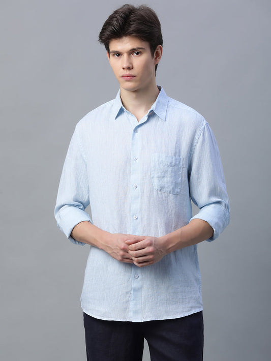 Men's 100% Linen Full Sleeve Pocket Shirt Sky