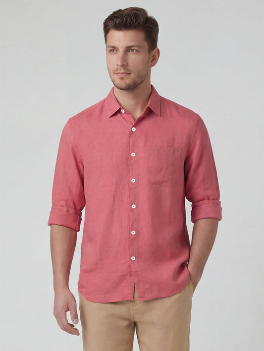 Men's 100% Linen Full Sleeves Regular Fit Shirt Red