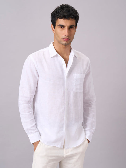 Men's Full Sleeves Cotton Linen Regular Fit Shirt White