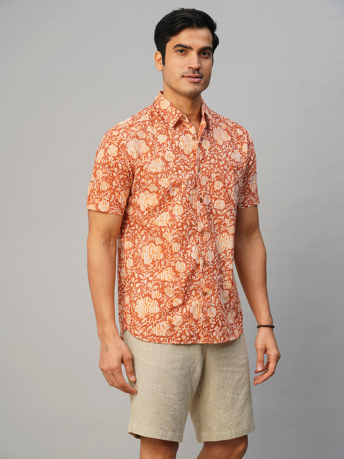 Men's Hand Block Printed Regular Fit Shirt Cotton Brown