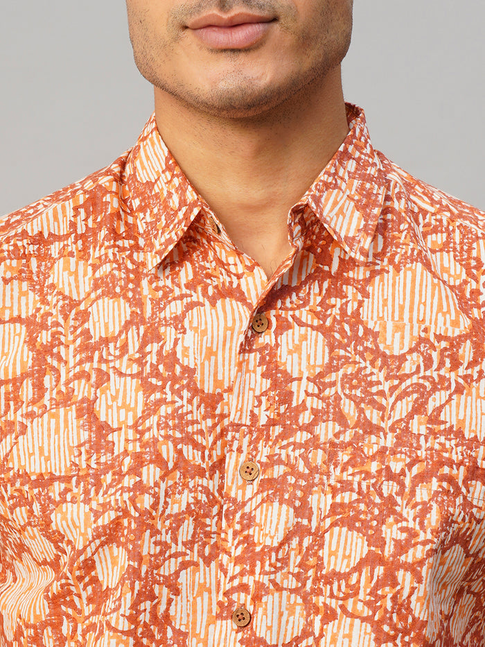 Men's Hand Block Printed Regular Fit Shirt Cotton Brown
