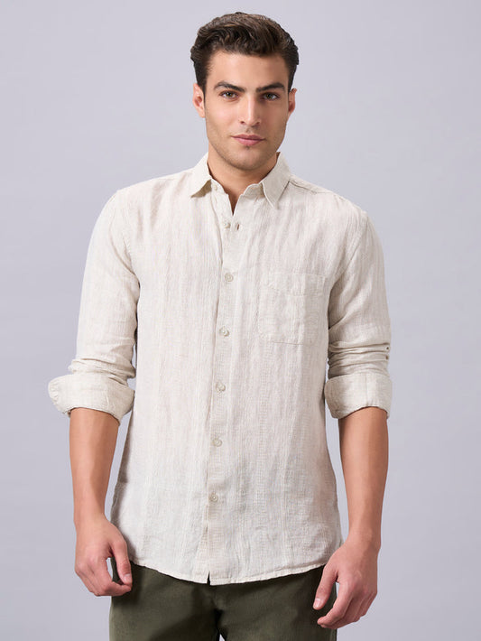 Men's Linen Cotton Textured Full Sleeve Shirt Natural
