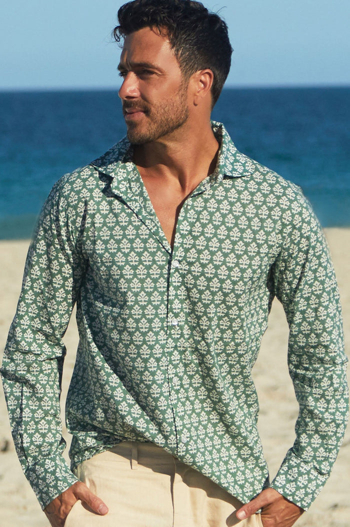 Men's Printed Cotton Shirt | Batik Khaki - Aspiga