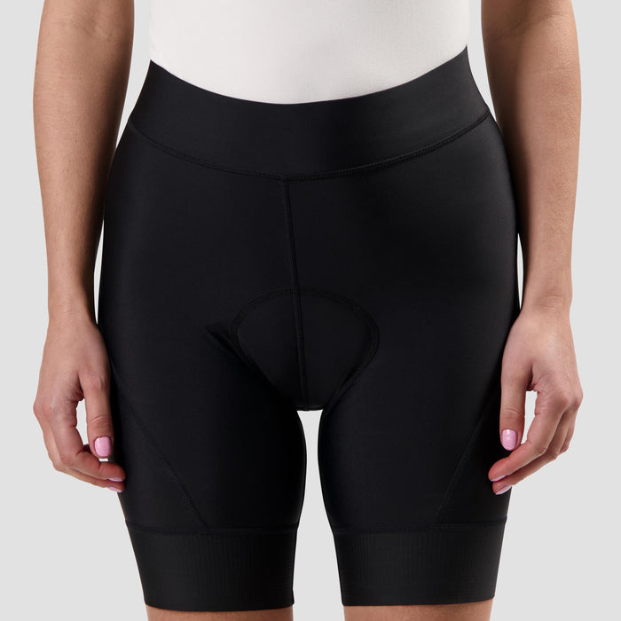 Detail van Rogelli Modesta korte fietsbroek zonder bretels dames zwart voorkant.