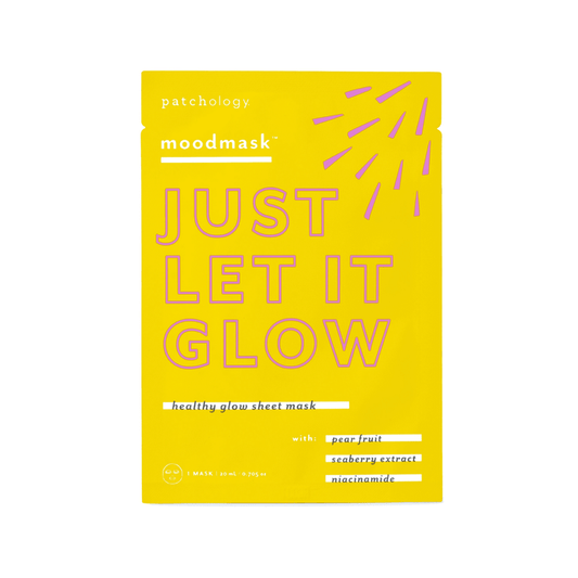 Moodmask - just let it glow | Patchology brightening sheet mask in yellow packaging featuring pear fruit, seaberry extract, and niacinamide for healthy glowing skin skincare.