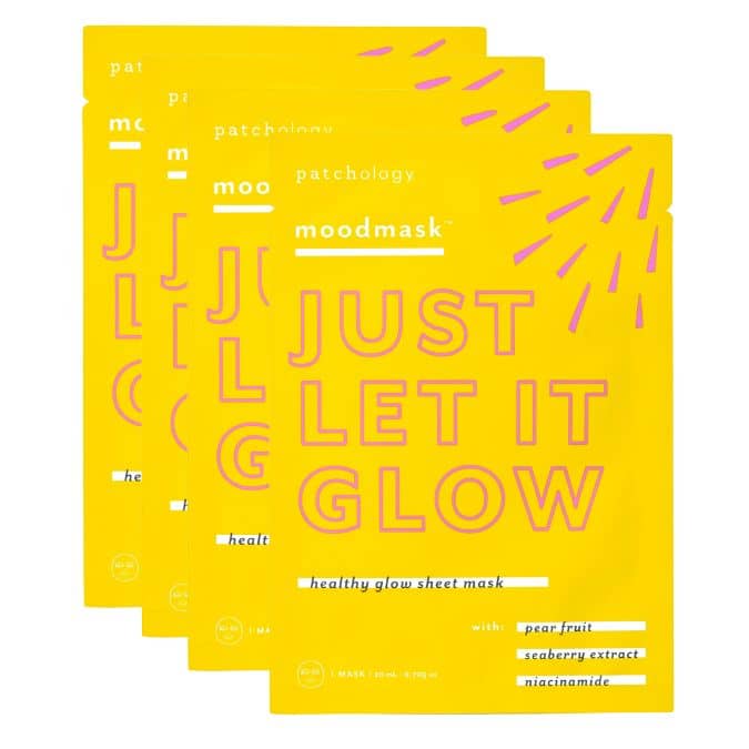 Bright yellow packaging of Moodmask - just let it glow | Patchology healthy glow sheet masks featuring pear fruit, seaberry extract, and niacinamide for skincare and wellness.