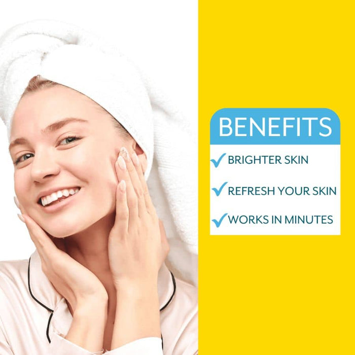 Smiling woman with a towel wrapped around her head gently touching her face alongside a list highlighting benefits of Moodmask - just let it glow | Patchology for brighter and refreshed skin in minutes.