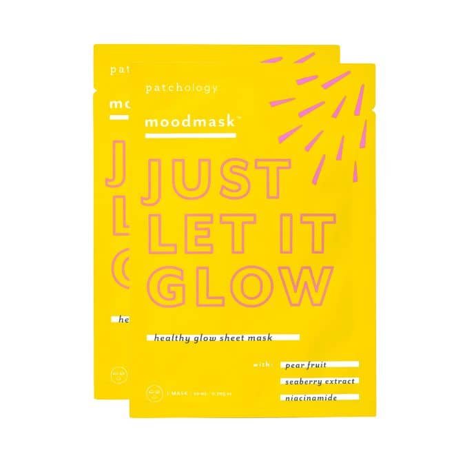 Bright yellow packaging of Moodmask - just let it glow | Patchology healthy glow sheet mask featuring pear fruit, seaberry extract, and niacinamide for skincare and wellness.