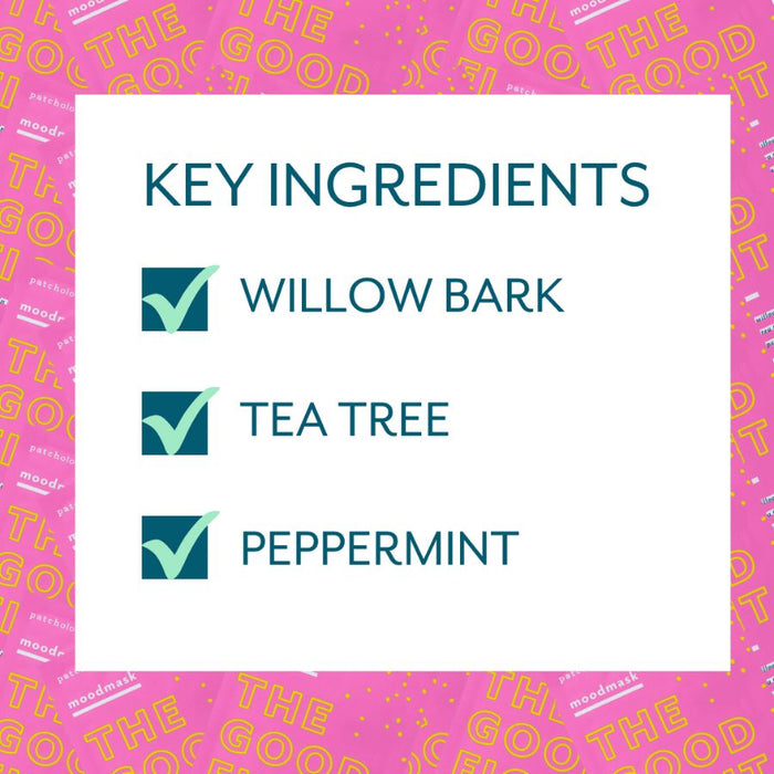 Key ingredients list for Moodmask - The good fight | Patchology featuring willow bark, tea tree, and peppermint on a pink background with decorative text.