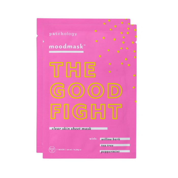 Bright pink packaging of Moodmask - The good fight | Patchology clear skin sheet mask featuring willow bark, tea tree, and peppermint for skincare and wellness.