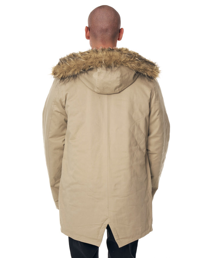 Martin Valen MV Parker beige parka jacket back view showing hood and center rear vent at hem