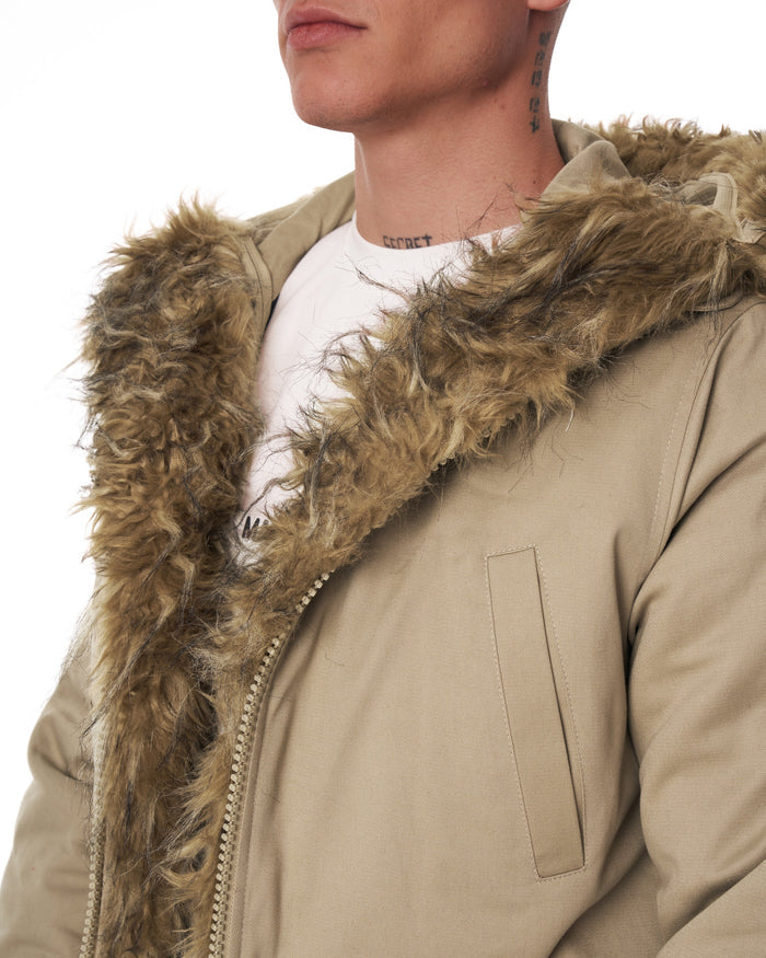 Martin Valen beige parka jacket, close-up of hooded collar with light brown furry trim and visible zipper