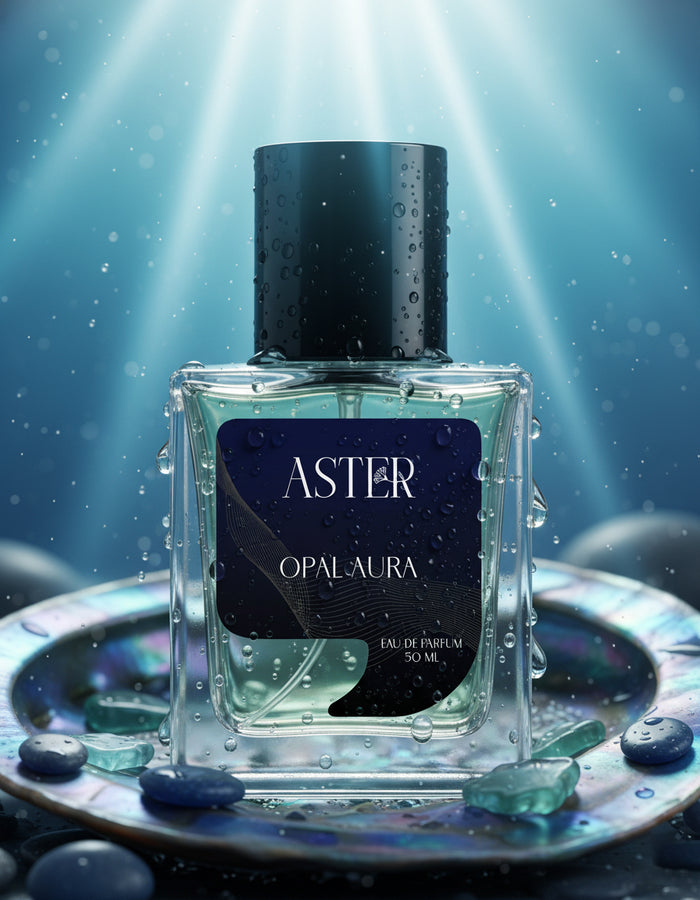 Perfume bottle labeled 'Aster Opal Aura' on a mystical background with blue light and stones.