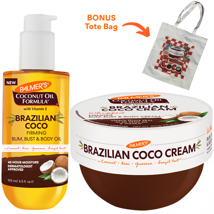 Palmer's Brazilian Coco Firming Bum, Bust & Body Oil bottle shown next to a container of Palmer's Brazilian Coco Cream, with an orange bonus tote bag graphic and arrow on a white background.