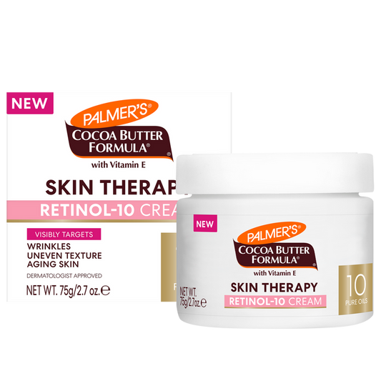 Palmer's Skin Therapy Oil Retinol-10 Cream 75g packaging, highlighting anti-aging benefits, dermatologist approval, and features like Visibly Targets Wrinkles and 10 Pure Oils.