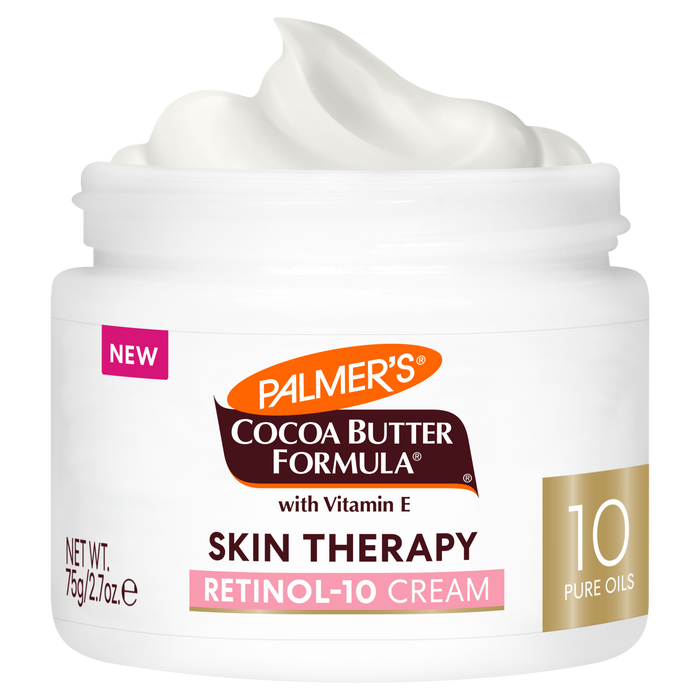 Palmer's Skin Therapy Oil Retinol-10 Cream 75g jar, featuring a label with 10 pure oils, designed to reduce wrinkles and improve skin firmness and texture.