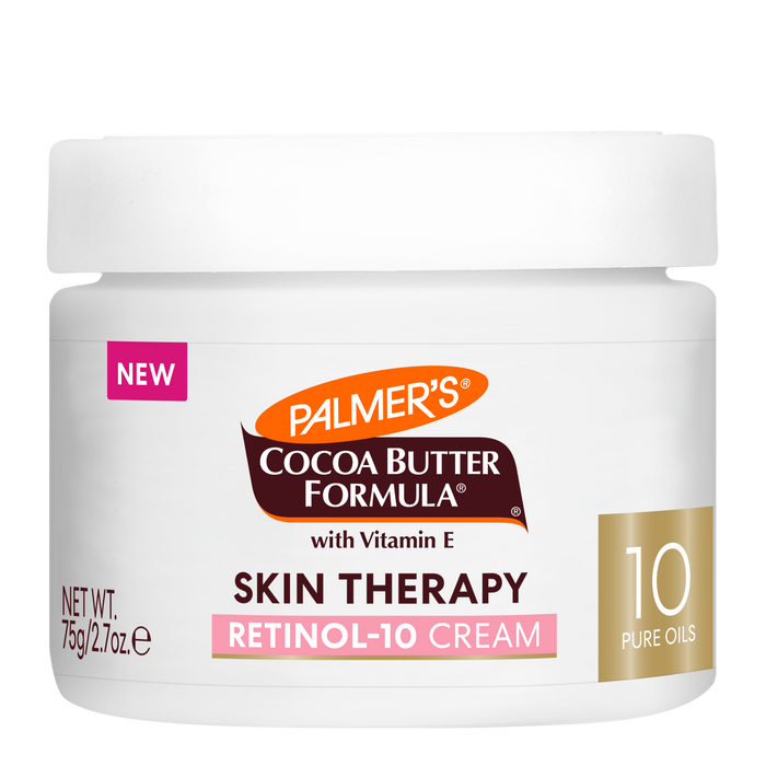 Palmer's Skin Therapy Oil Retinol-10 Cream 75g jar features a NEW label, orange logo, and highlights benefits like reducing wrinkles and improving skin firmness.