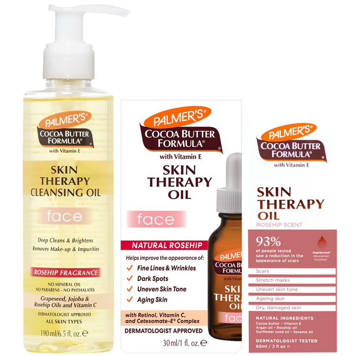 Palmer's Cocoa Butter Formula Skin Therapy Cleansing Oil and Rosehip Scent Skin Therapy Oil set, featuring a 150ml cleansing oil bottle, a 30ml dropper oil bottle, and two product boxes on a white background.