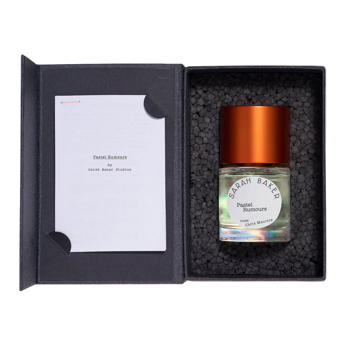 Sarah Baker Perfumes Pastel Rumours 50ml Eau de Parfum open gift box with bottle and booklet on black foam packing insert