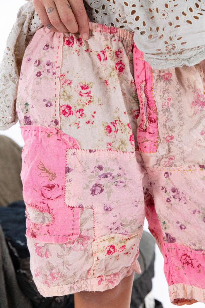 Magnolia Pearl pink floral patchwork shorts, artisan vintage style, whimsical handcrafted design