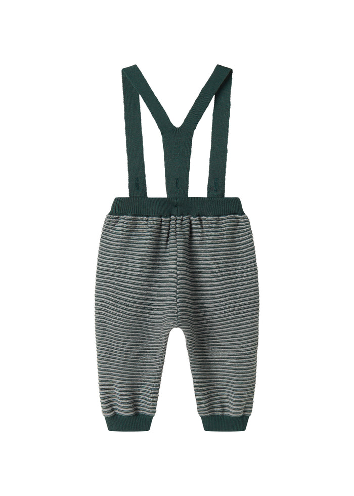Dark green knitted pants with suspenders and fine stripes for baby