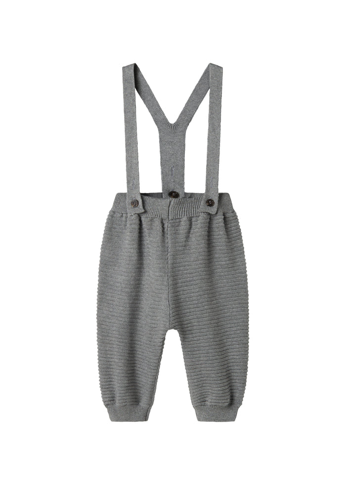 Gray knitted pants with suspenders and pretty buttons for baby